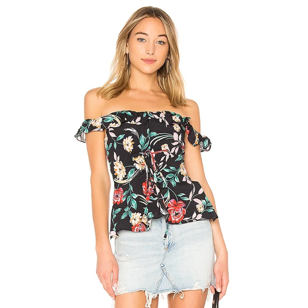 Lovers + Friends Dawn Top Sz S Off Shoulder Lace Up Black Multi Floral $119  B88